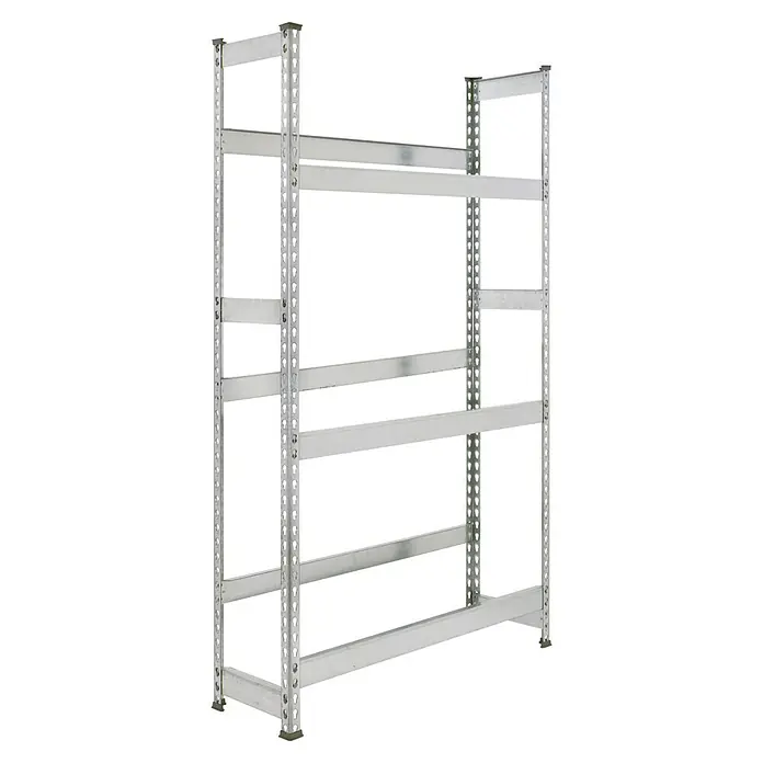 Simonrack Simonbottle Getränkekistenregal Bottleclick - H x B x T: 180 x 100 x 30 cm, Traglast Einlegeboden: 100 kg, Anzahl Böden: 3 Stk., Stecken, Silber - Leeres, silbernes Regalsystem mit vier Ebenen, ideal für Lagerung und Organisation in Werkstatt oder Lagerraum.\n