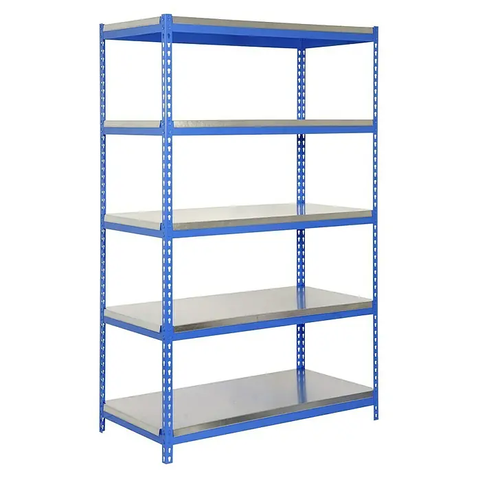 Simonrack Bricoforte Schwerlastregal Bricoforte Metall - H x B x T: 200 x 100 x 45 cm, Traglast pro Boden: 300 kg, Anzahl Böden: 5 Stk., Stecken, Blau/Silber - Ein blaues Schwerlastregal mit fünf silberfarbenen Regalböden, ideal für Lagerung und Organisation in Werkstatt oder Lager.
