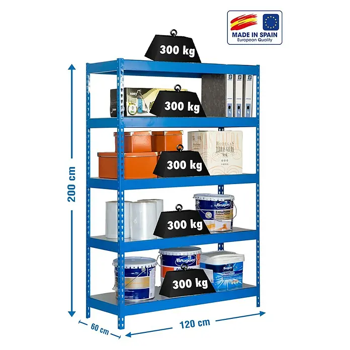 Simonrack Bricoforte Schwerlastregal Bricoforte Metall - H x B x T: 200 x 120 x 60 cm, Traglast pro Boden: 300 kg, Anzahl Böden: 5 Stk., Stecken, Blau/Silber - Ein blaues Schwerlastregal mit fünf Ebenen, beladen mit verschiedenen Gegenständen und Gewichtsangaben.