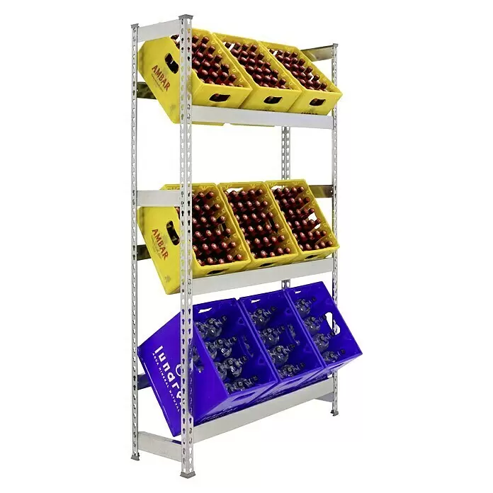 Simonrack Simonbottle Getränkekistenregal Bottleclick - H x B x T: 180 x 100 x 30 cm, Traglast Einlegeboden: 100 kg, Anzahl Böden: 3 Stk., Stecken, Silber - Anwendungsbeispiel