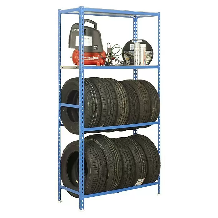 Simonrack Simonauto Reifenregal Simongarage Plus - H x B x T: 200 x 100 x 40 cm, Traglast pro Träger: 200 kg, Anzahl Böden: 2 Stk., Stecken, Blau/Silber - Blaues Metallregal mit mehreren Autoreifen und einem Luftkompressor mit Zubehör.
