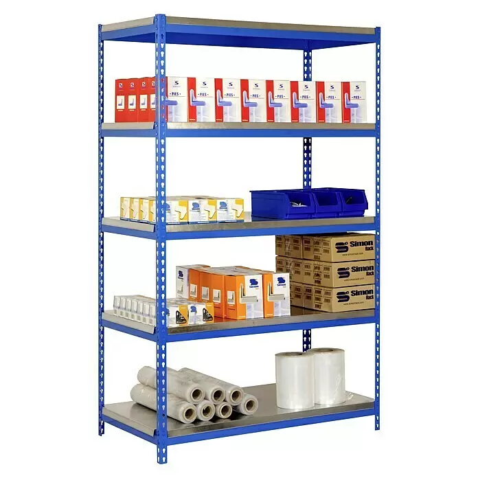 Simonrack Bricoforte Schwerlastregal Bricoforte Metall - H x B x T: 200 x 100 x 45 cm, Traglast pro Boden: 300 kg, Anzahl Böden: 5 Stk., Stecken, Blau/Silber - Blaues Metallregal mit fünf Ablagen, das Simonrack-Produktboxen, Plastikbehälter und Folienrollen zeigt.