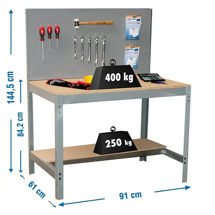 Simonrack Simonwork Werkbank Set BT2 900 - Grau/Holz, Breite: 91 cm - Werkbank mit Werkzeugwand und zwei Ebenen, belastbar mit 400 kg auf der oberen und 250 kg auf der unteren Ebene.