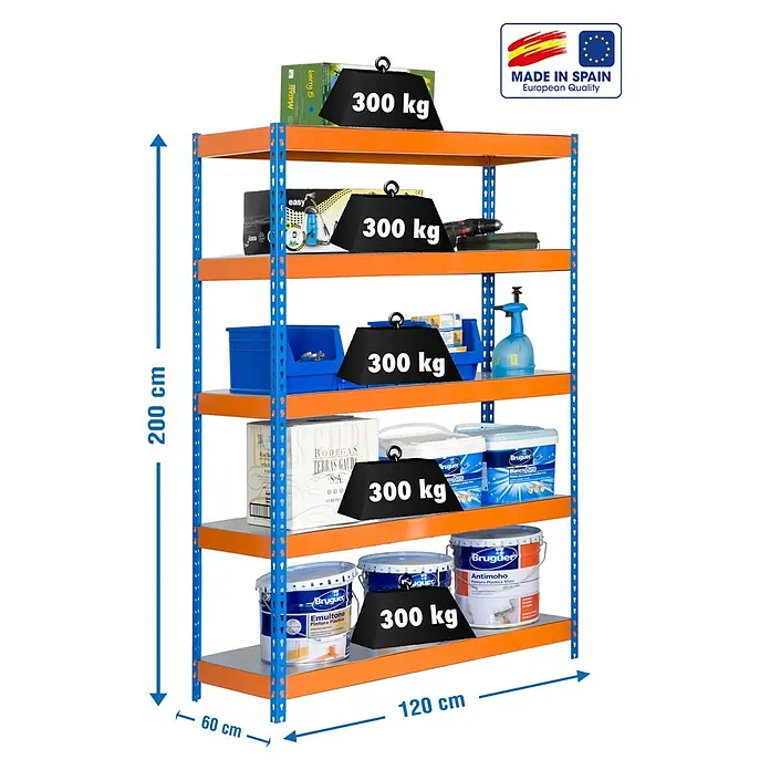 Simonrack Bricoforte Schwerlastregal Bricoforte Metall - H x B x T: 200 x 120 x 60 cm, Traglast pro Boden: 300 kg, Anzahl Böden: 5 Stk., Stecken, Blau/Orange/Silber - Abbildung eines blauen und orangefarbenen Schwerlastregals mit fünf Ablagen, auf denen verschiedene Gegenstände und Gewichte platziert sind.