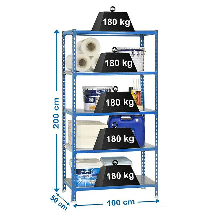 Simonrack Simonclick Metallregal Simonclick Plus - H x B x T: 200 x 100 x 50 cm, Traglast pro Boden: 180 kg, Anzahl Böden: 5 Stk., Stecken, Blau/Silber - Abbildung eines blauen Metallregals mit fünf Ablagen, jeweils belastet mit 180 kg schweren Gewichten und diversen Artikeln.