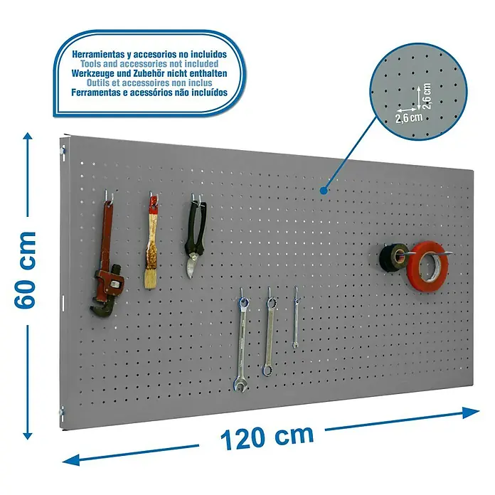 Simonrack Panelclick Lochwand - L x B: 120 x 60 cm - Lochwand mit Werkzeugen und Zubehör (nicht enthalten).
