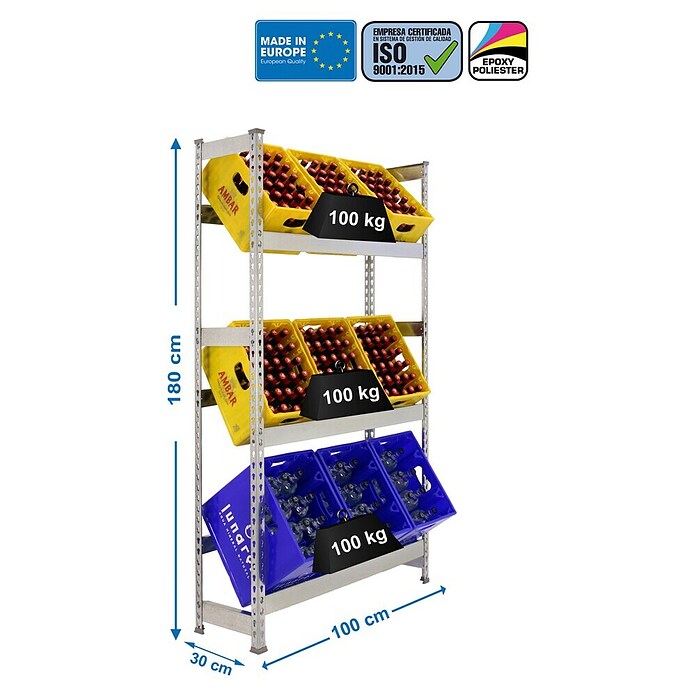 Simonrack Simonbottle Estantería para cajas de bebidas (Al x An x Pr: 180 x 100 x 30 cm, Carga límite balda: 100 kg, Número de baldas: 3 ud., Inserción, Galvanizado) | BAUHAUS