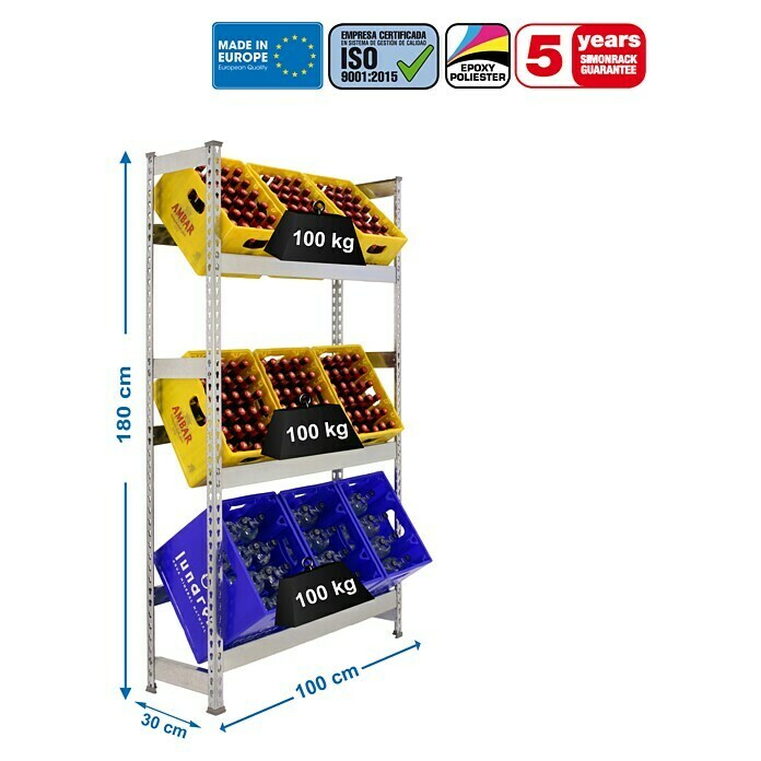 Simonrack Simonbottle Metall-Getränkekistenregal BottleclickL x B x H: 30 x 100 x 180 cm, Traglast: 100 kg/Boden, Anzahl Böden: 3 Stk., Silber Sketch
