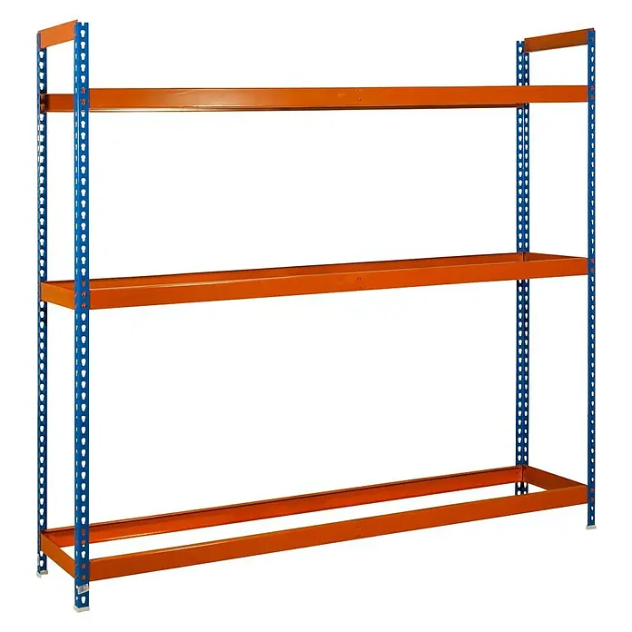 Simonrack Simonauto Reifenregal Autoforte - H x B x T: 200 x 150 x 45 cm, Anzahl Träger: 3 Stk., Stecken, Blau/Orange - Aufnahme des leeren, blauen und orangefarbenen Lagerregals mit drei Ebenen für Lagerzwecke.