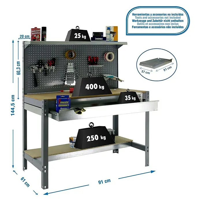 Simonrack Simonwork Werkbank Set BT3 Box 900 - L x B: 61 x 91 cm, Arbeitshöhe: 144,5 cm, Belastbarkeit: 600 kg, Grau/Holz - Werkbank mit Werkzeugwand und Ablageflächen, ideal für Werkstattarbeiten. Robuste Konstruktion und viel Stauraum für Werkzeuge.
