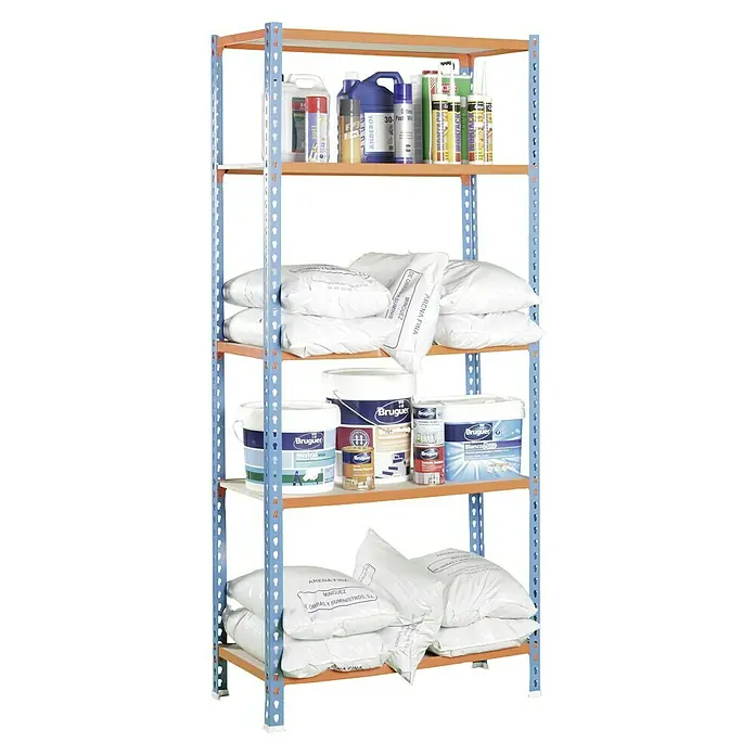 Simonrack Maderclick Metallregal Maderclick - H x B x T: 180 x 90 x 30 cm, Traglast pro Boden: 150 kg, Anzahl Böden: 5 Stk., Stecken, Blau/Orange - Ein Regal voller Baumarktprodukte, darunter Farbe, Sand und andere Materialien, ideal für Heimwerker und Profis.