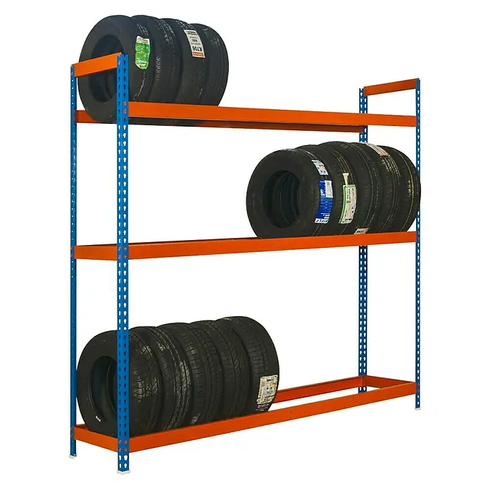 Simonrack Simonauto Reifenregal Autoforte - H x B x T: 200 x 150 x 45 cm, Anzahl Träger: 3 Stk., Stecken, Blau/Orange - Reifenregal mit drei Ebenen, auf denen mehrere Reifen unterschiedlicher Größe ordentlich gelagert sind.