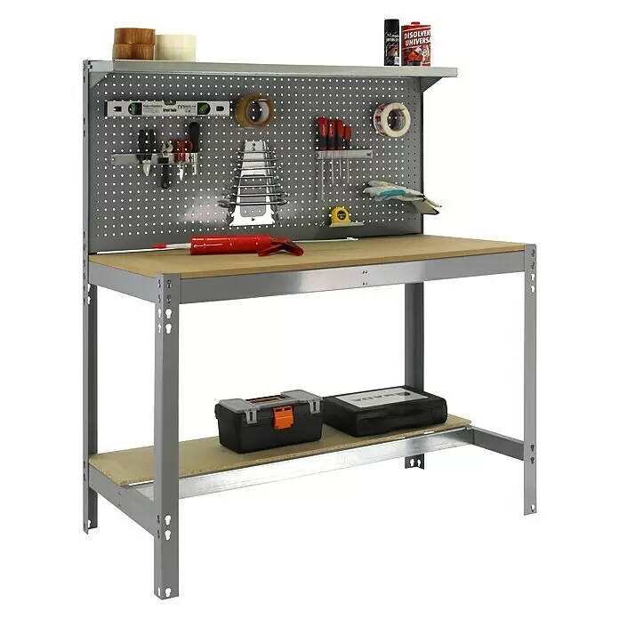 Simonrack Simonwork Werkbank BT3 900 - L x B: 61 x 91 cm, Arbeitshöhe: 144,5 cm, Belastbarkeit: 600 kg, Grau/Holz - Anwendungsbeispiel