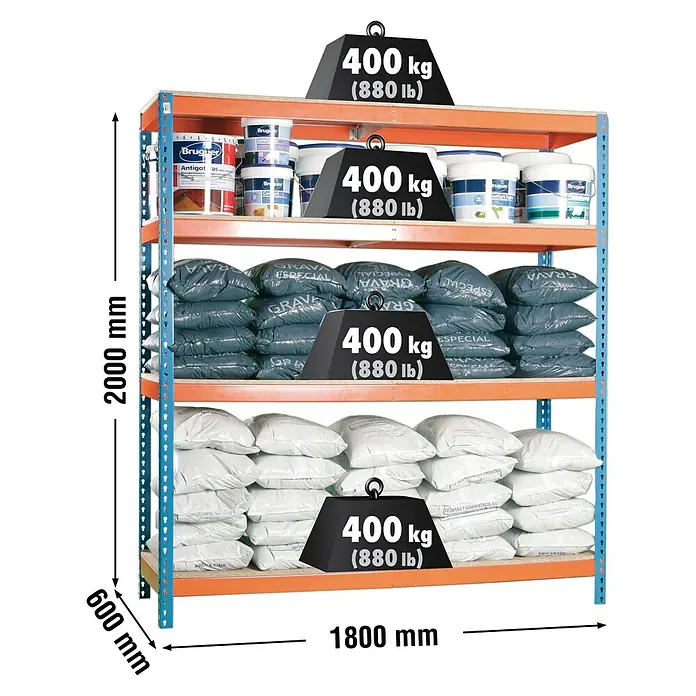 Simonrack Ecoforte Schwerlastregal Chipboard - H x B x T: 200 x 180 x 60 cm, Traglast pro Boden: 400 kg, Anzahl Böden: 4 Stk., Stecken, Blau/Orange - Bild eines vollbeladenen Schwerlastregals mit diversen Produkten und Gewichtsangaben.