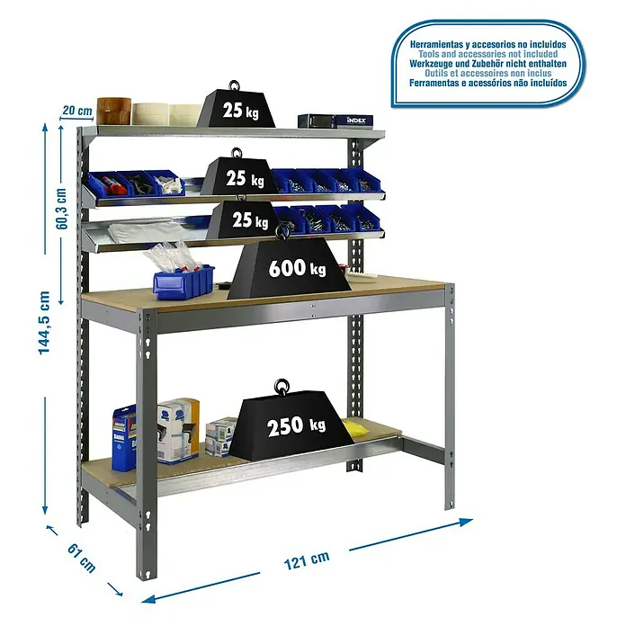 Simonrack Simonwork Werkbank BT1 1200 - Breite: 121 cm, Grau/Holz - Abbildung einer Werkbank mit Regalen und Gewichtsangaben, die die Tragfähigkeit der einzelnen Ebenen veranschaulichen.