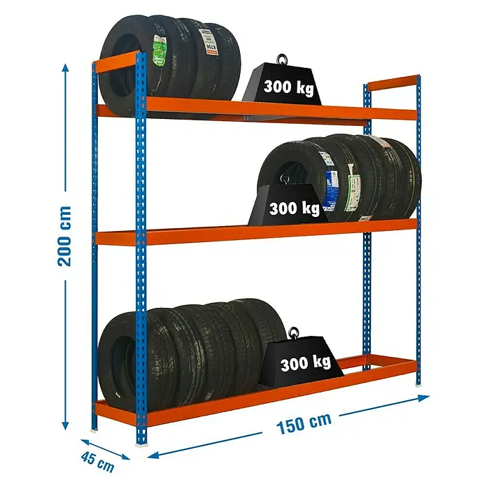 Simonrack Simonauto Reifenregal Autoforte - H x B x T: 200 x 150 x 45 cm, Anzahl Träger: 3 Stk., Stecken, Blau/Orange - Regal mit Reifen und Gewichten. Das Regal hat drei Ebenen und die Maße sind angegeben.