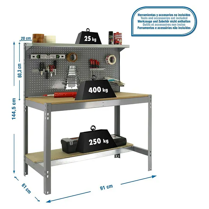 Simonrack Simonwork Werkbank BT3 900 - L x B: 61 x 91 cm, Arbeitshöhe: 144,5 cm, Belastbarkeit: 600 kg, Grau/Holz - Hier ist eine Werkbank mit den Maßen 144,5 x 91 x 61 cm, die mit einer zusätzlichen Ablage und Lochwand ausgestattet ist.