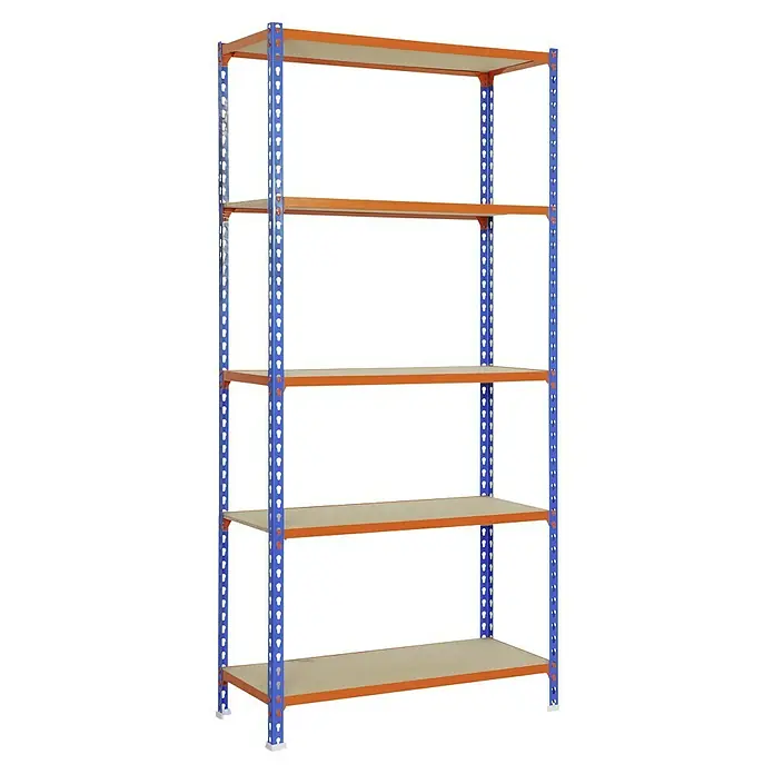 Simonrack Maderclick Metallregal Maderclick - H x B x T: 180 x 90 x 30 cm, Traglast pro Boden: 150 kg, Anzahl Böden: 5 Stk., Stecken, Blau/Orange - Ein robustes Regal mit fünf Ebenen. Ideal zur Lagerung in Werkstatt, Garage oder Keller. Die Farben sind Blau und Orange.