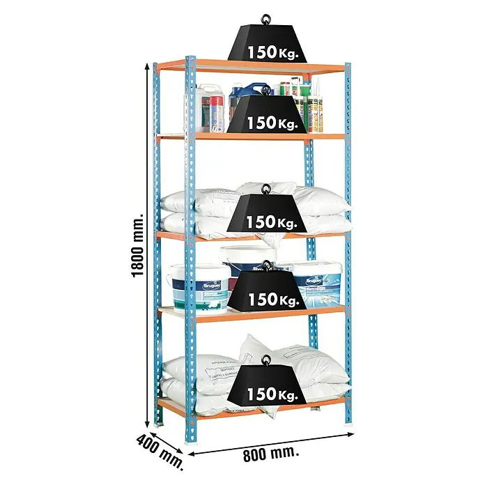 Simonrack Maderclick Estantería metálica Mini - Al x An x Pr: 180 x 80 x 40 cm, Capacidad de carga por balda: 150 kg, Número de baldas: 5 ud., Inserción, Azul/Naranja - Foto de producto de una estantería resistente de cinco niveles, cargada con diversos objetos y pesos para demostrar la capacidad de carga.
