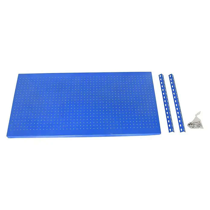 Simonrack Panelclick Lochwand-Set - 9 -tlg., B x L: 40 x 90 cm - Produktansicht einer blauen Lochplatte mit zwei dazugehörigen Stützen und Montagematerial, ideal für Werkstattorganisation.