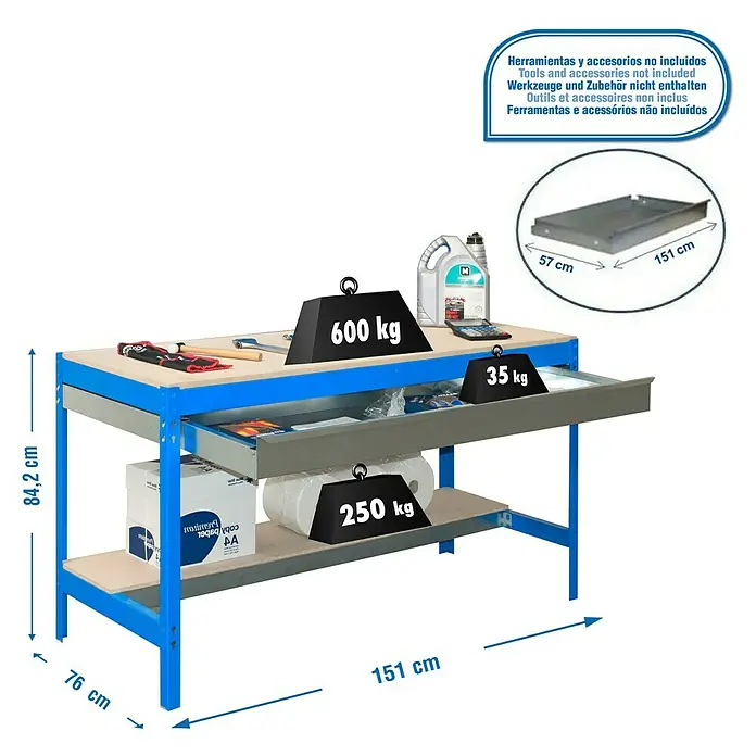 Simonrack Simonwork Werkbank BT0 Box 1500 - L x B: 76 x 151 cm, Arbeitshöhe: 84,2 cm, Belastbarkeit: 885 kg, Blau/Holz - Werkbank mit Schublade und Ablagefläche mit Gewichtsangaben und Maßangaben.