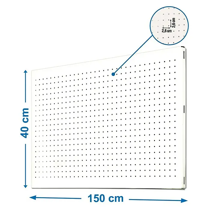 Simonrack Simonwork Lochwand - Breite: 40 cm, Höhe: 150 cm, Weiß - Abbildung einer Lochplatte mit den Maßen 150 cm x 40 cm, bei der die Löcher im Abstand von 2,6 cm angeordnet sind.