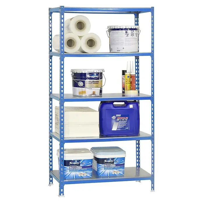 Simonrack Simonclick Metallregal Simonclick Super Plus - H x B x T: 200 x 110 x 40 cm, Traglast pro Boden: 200 kg, Anzahl Böden: 5 Stk., Stecken, Blau/Silber - Blaues Regal mit Farbdosen, Papierrollen und Industrieklebstoffen. Das Regal bietet Stauraum für Werkstattbedarf und Baumaterialien.