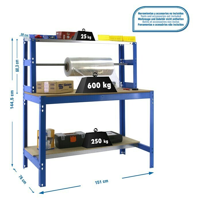 Simonrack Simonwork Werkbank (L x H: 76 x 144,5 cm, Breite: 151 cm, Traglast: 600 kg, Blau)