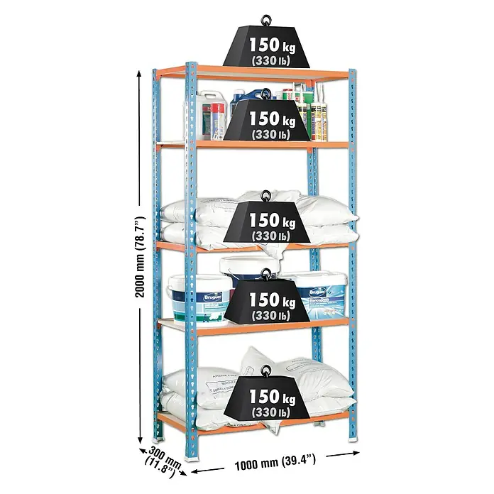 Simonrack Maderclick Metallregal Maderclick Plus - H x B x T: 200 x 100 x 30 cm, Traglast pro Boden: 150 kg, Anzahl Böden: 5 Stk., Stecken, Blau/Orange - Auf dem Bild ist ein Regal mit fünf Ebenen abgebildet, das mit verschiedenen Gegenständen und Gewichten von 150 kg (330 lb) beladen ist.