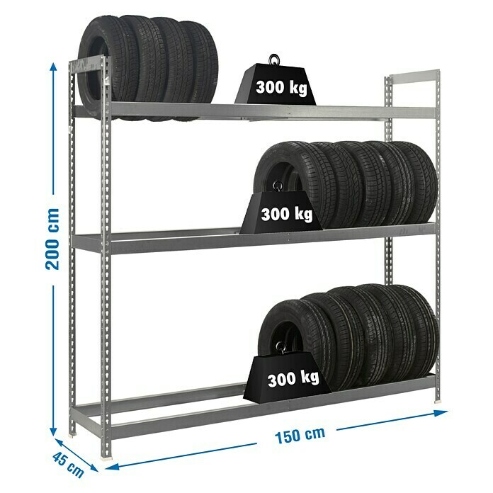 Simonrack Simonauto Metall-Reifenregal AutoforteL x B x H: 45 x 150 x 200 cm, Traglast: 120 kg/Boden, Anzahl Böden: 3 Stk., Silber Sketch