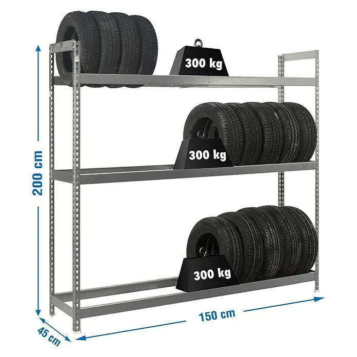 Simonrack Simonauto Reifenregal Autoforte - H x B x T: 200 x 150 x 45 cm, Anzahl Träger: 3 Stk., Stecken, Silber - Bild von einem Lagerregal mit Reifen und Gewichten.