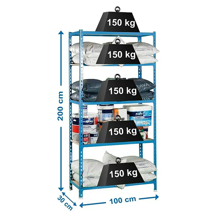 Simonrack Maderclick Metallregal Maderclick Plus - H x B x T: 200 x 100 x 30 cm, Traglast pro Boden: 150 kg, Anzahl Böden: 5 Stk., Stecken, Blau - Regal mit diversen Lagerbeständen wie Farbe und Säcken, wobei jedes Regal mit 150 kg belastet ist, Maße 200x100x30 cm.