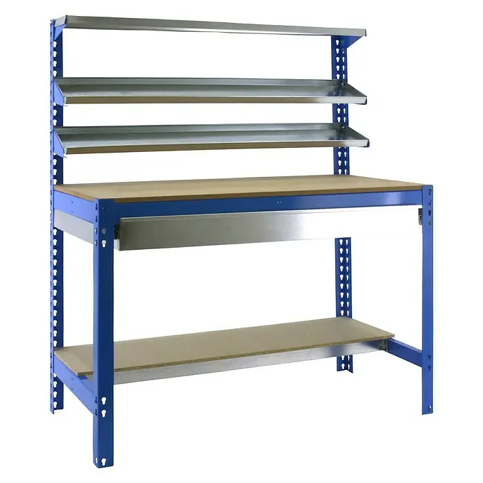 Simonrack Simonwork Werkbank BT1 Box 1500 - Breite: 151 cm, Blau/Holz - Werkbank mit Holzplatte, blauen Metallrahmen und zusätzlichen Regalen zur Arbeitsorganisation.