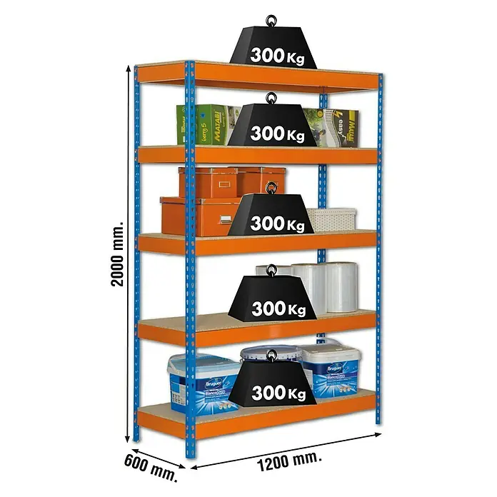 Simonrack Bricoforte Schwerlastregal Bricoforte Chipboard - H x B x T: 200 x 120 x 60 cm, Traglast pro Boden: 300 kg, Anzahl Böden: 5 Stk., Stecken, Blau/Orange - Abbildung eines belastbaren Regals mit fünf Ebenen, auf denen Gewichte und diverse Produkte wie Farben und Behälter platziert sind.