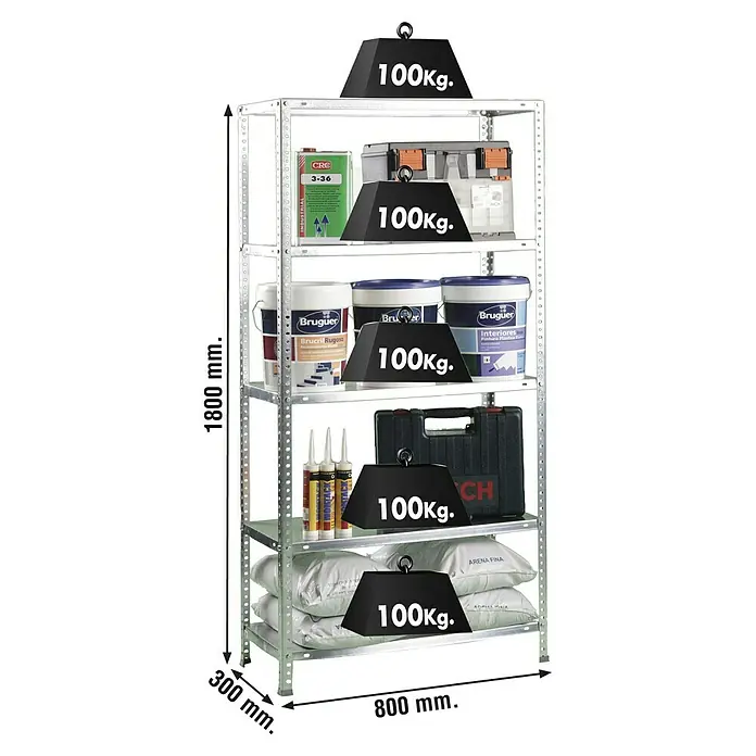 Simonrack Simonclassic Metallregal Comfort Mini - H x B x T: 180 x 80 x 30 cm, Traglast pro Boden: 100 kg, Anzahl Böden: 5 Stk., Schrauben, Silber - Ein Metallregal mit fünf Ebenen, auf denen verschiedene Gegenstände und Gewichte platziert sind, was die Belastbarkeit des Regals demonstriert.