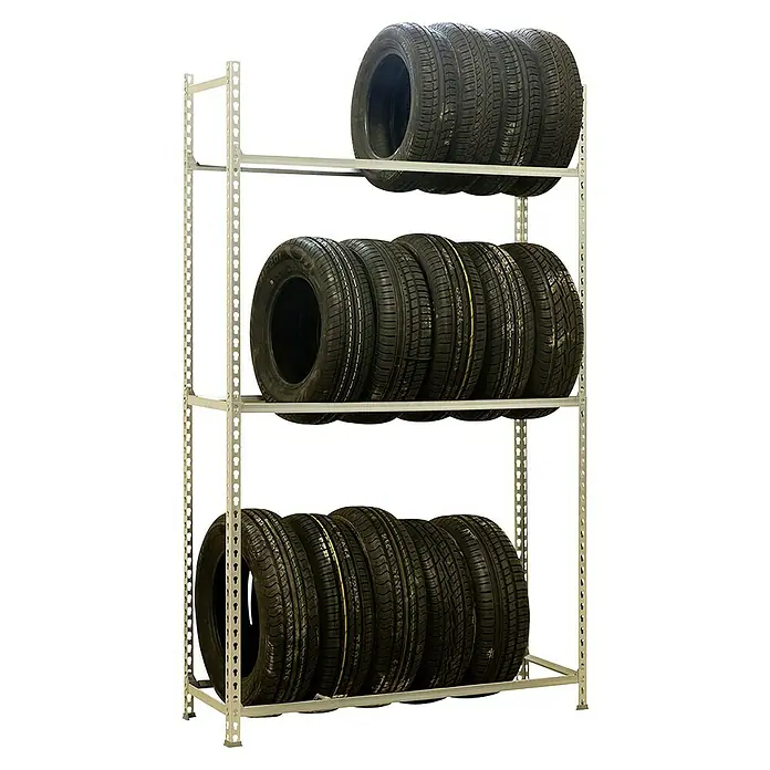 Simonrack Simonauto Reifenregal Autoclick - H x B x T: 200 x 100 x 40 cm, Anzahl Träger: 3 Stk., Stecken, Silber - Reifenregal mit mehreren Reifen darin. Das Regal ist aus Metall und hat drei Ebenen für die Reifenauslage.