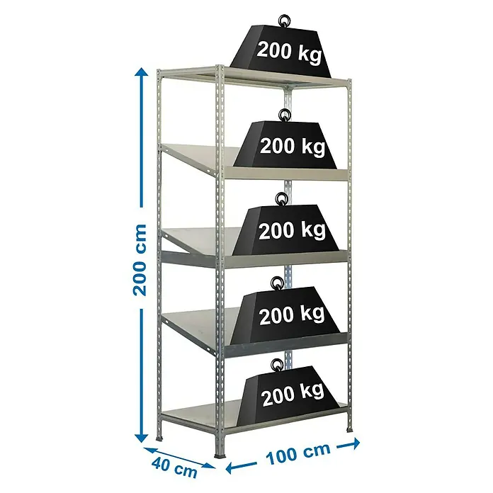 Simonrack Simonclick Metallregal Simonexpo - H x B x T: 200 x 100 x 50 cm, Traglast pro Boden: 200 kg, Anzahl Böden: 5 Stk., Stecken, Silber/Silber - Regal mit fünf Ebenen, jede Ebene ist mit einem Gewicht von 200 kg belastet, was die Tragfähigkeit des Produkts demonstriert.
