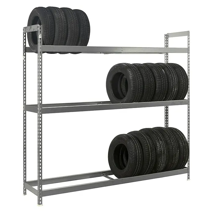 Simonrack Simonauto Reifenregal Autoforte - H x B x T: 200 x 150 x 45 cm, Anzahl Träger: 3 Stk., Stecken, Silber - Dieses Bild zeigt ein Reifenregal mit drei Ebenen. Auf jeder Ebene lagern mehrere Reifen, die ordentlich gestapelt sind.