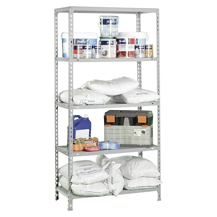 Simonrack Simonclick Metallregal Ecoclick - H x B x T: 180 x 90 x 40 cm, Traglast pro Boden: 70 kg, Anzahl Böden: 5 Stk., Stecken, Silber - Ein graues Metallregal mit fünf Ebenen, beladen mit Farbeimern, Sandsäcken und Werkzeugkisten.
