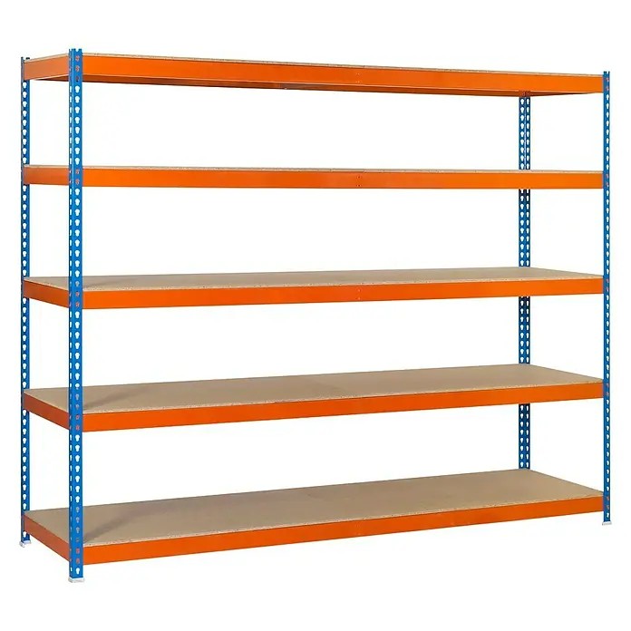 Simonrack Simonforte Schwerlastregal Simonforte Chipboard - H x B x T: 300 x 120 x 45 cm, Traglast pro Boden: 600 kg, Anzahl Böden: 5 Stk., Stecken, Blau/Orange - Ein Regal mit fünf Regalböden, bestehend aus blauen Rahmen und orangefarbenen Regalböden, ideal für Lagerung.