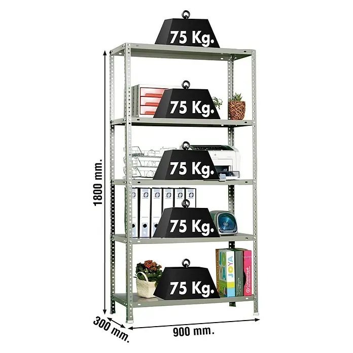 Simonrack Simonclassic Metallregal Advantage - H x B x T: 180 x 90 x 30 cm, Traglast pro Boden: 75 kg, Anzahl Böden: 5 Stk., Schrauben, Grau - Regal mit fünf Ablagen, belastbar mit je 75 kg, zur Lagerung von Büroartikeln, Dokumenten und Pflanzen, Maße 1800x900x300 mm.