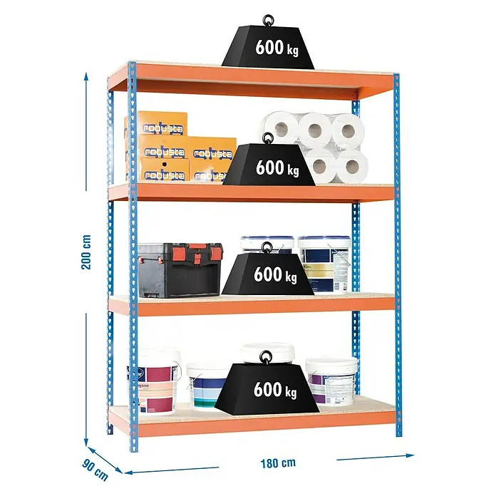 Simonrack Simonforte Schwerlastregal Simonforte Chipboard - H x B x T: 200 x 180 x 90 cm, Traglast pro Boden: 600 kg, Anzahl Böden: 4 Stk., Stecken, Blau/Orange - Regal mit vier Ebenen, auf denen sich verschiedene Gegenstände und Gewichte von je 600 kg befinden, mit Maßangaben.