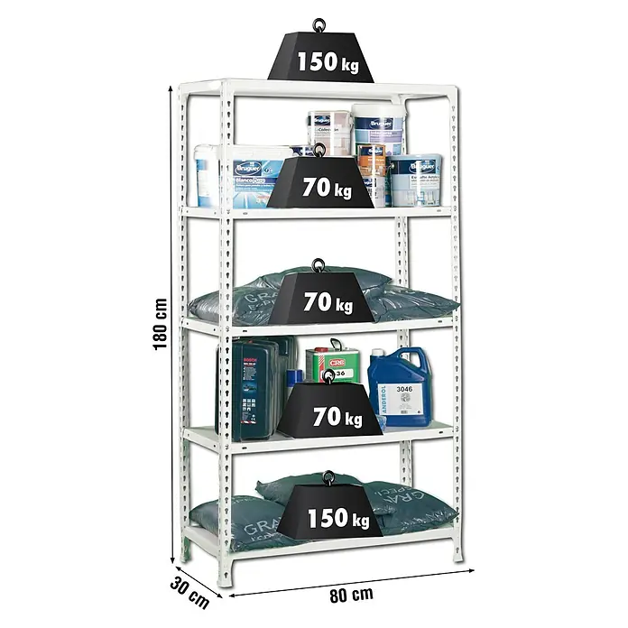 Simonrack Simonclick Metallregal Ecoclick Mini - H x B x T: 180 x 80 x 30 cm, Traglast pro Boden: 70 kg, Anzahl Böden: 5 Stk., Stecken, Weiß - Aufnahme eines Regals mit fünf Ebenen, belastet mit Artikeln und Gewichten. Die Abmessungen des Regals sind angegeben.