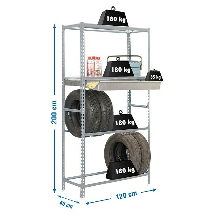 Simonrack Simongarage Metall-Reifenregal Box PlusL x B x H: 40 x 120 x 200 cm, Traglast: 200 kg/Boden, Anzahl Böden: 4 Stk., Stecken, Grau Sketch