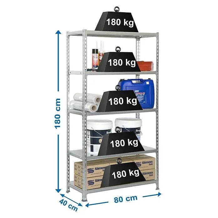 Simonrack Simonclick Metallregal Simonclick Mini - H x B x T: 180 x 80 x 40 cm, Traglast pro Boden: 180 kg, Anzahl Böden: 5 Stk., Stecken, Silber/Silber - Ein silbernes Regal mit fünf Regalböden ist mit verschiedenen Artikeln und Gewichten von 180 kg beladen.