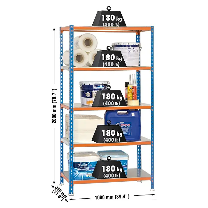 Simonrack Simonclick Metallregal Simonclick Plus - H x B x T: 200 x 100 x 30 cm, Traglast pro Boden: 180 kg, Anzahl Böden: 5 Stk., Stecken, Blau/Orange/Silber - Abbildung eines blauen und orangen Regals mit fünf Fächern, das mit verschiedenen Gegenständen und Gewichten beladen ist.