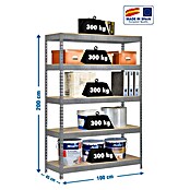 Simonrack Simontaller Metall-Schwerlastregal (L x B x H: 45 x 100 x 200 cm, Traglast: 300 kg/Boden, Anzahl Böden: 5 Stk., Silber)