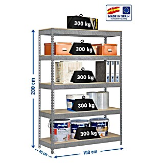 Simonrack Bricoforte Schwerlastregal Bricoforte Chipboard (H x B x T: 200 x 100 x 45 cm, Traglast pro Boden: 300 kg, Anzahl Böden: 5 Stk., Stecken, Silber)