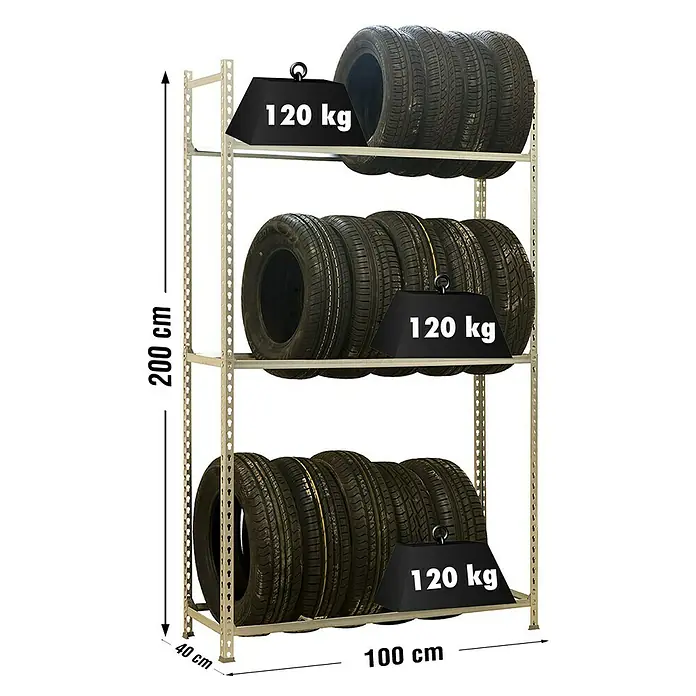 Simonrack Simonauto Reifenregal Autoclick - H x B x T: 200 x 100 x 40 cm, Anzahl Träger: 3 Stk., Stecken, Silber - Ein Reifenregal mit drei Ebenen, beladen mit Autoreifen und Gewichten, die jeweils 120 kg anzeigen.