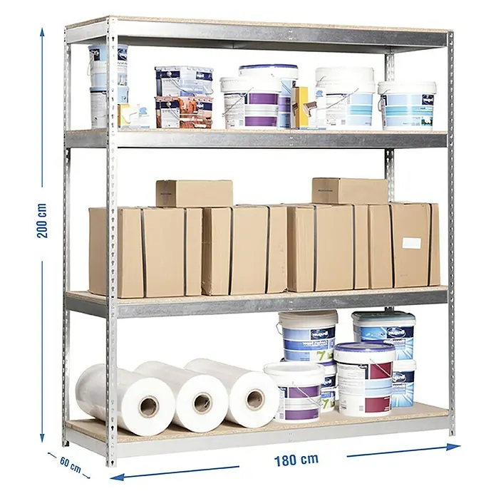Simonrack Simonforte Schwerlastregal Simonforte Chipboard - H x B x T: 200 x 180 x 60 cm, Traglast pro Boden: 600 kg, Anzahl Böden: 4 Stk., Stecken, Silber - Abbildung eines voll beladenen Metallregals mit vier Ebenen, das eine Vielzahl von Gegenständen wie Farbdosen, Kartons und Folienrollen enthält.